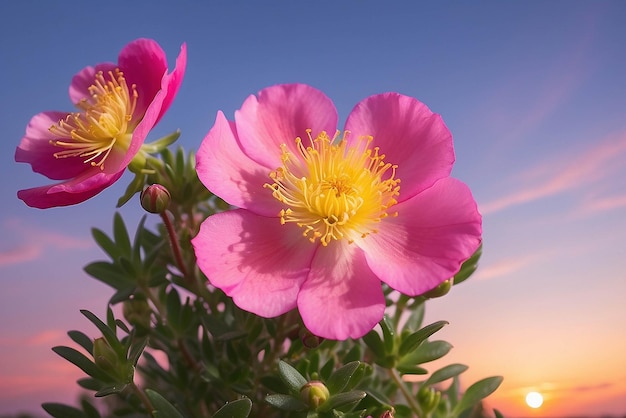 zoom de perto da flor rosa florida Portulaca com o céu ao pôr-do-sol