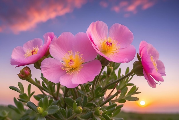 zoom de perto da flor rosa florida Portulaca com o céu ao pôr-do-sol