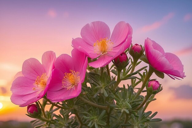 zoom de perto da flor rosa florida Portulaca com o céu ao pôr-do-sol