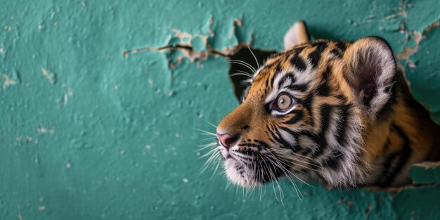 Foto zoom em imagem de quebrar parede verde e o tigre no buraco verde aigx