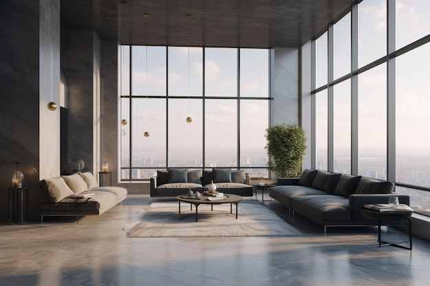 Zoom de fondo una moderna sala de estar de ático con grandes ventanas IA generativa