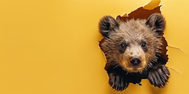 Zoom en la imagen de romper la pared amarilla y el oso en el agujero amarillo aigx