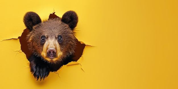 Zoom en la imagen de romper la pared amarilla y el oso en el agujero amarillo aigx