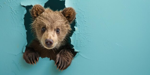 Zoom en la imagen de romper la pared azul y el oso en agujero azul hueco aigx