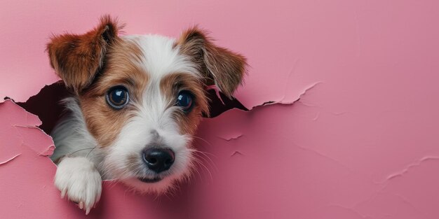 Zoom en la imagen de romper la pared rosa y un perro en el agujero rosa hueco aigx