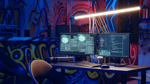 Zoom in Schuss von einem verlassenen Keller mit Graffiti-Zeichnungen und PCs