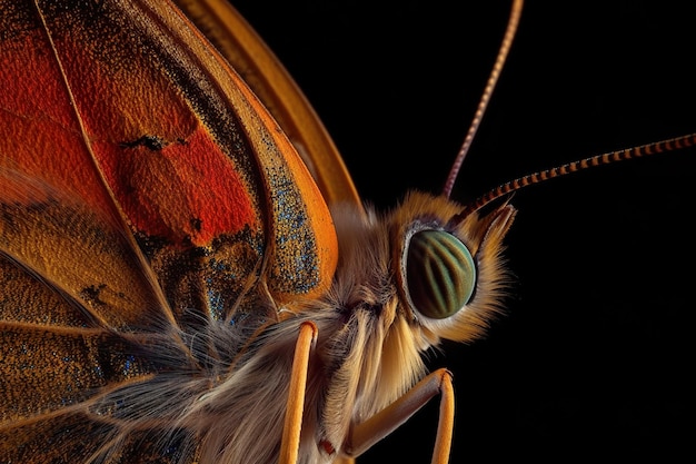 Un zoom de mariposa detallado con la textura detallada del ala y el zoom de la cabeza