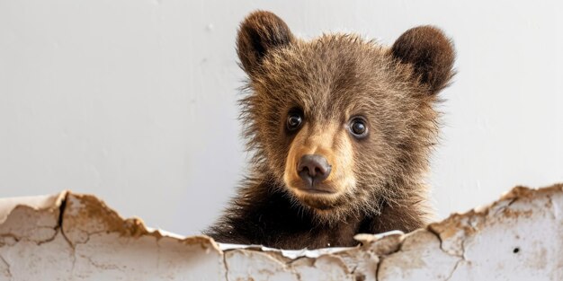 Zoom na imagem de quebrar a parede branca e o urso no buraco branco AIGX03