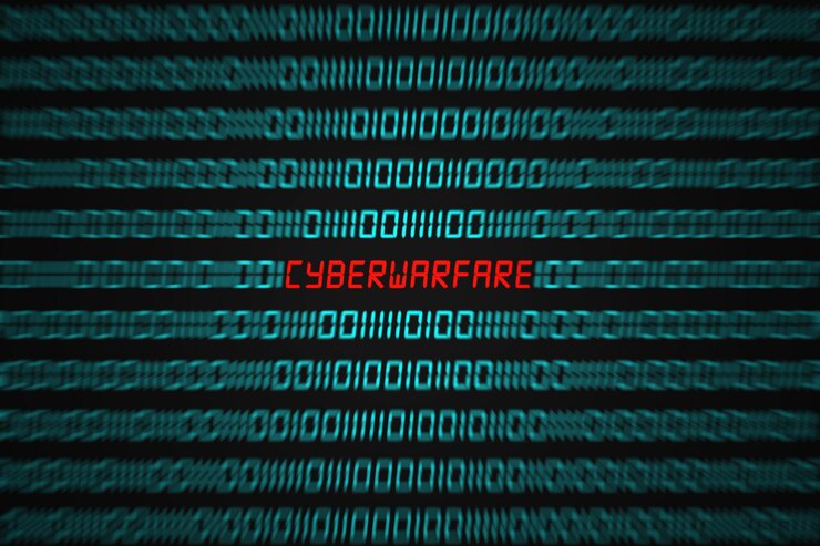 Foto zoom en la palabra roja cyberwarfare escondida en el medio de una secuencia de código binario