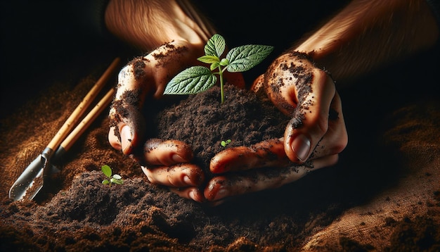 Foto el zoom en la plantación de una plántula las manos cubiertas de tierra presionan suavemente una planta joven en la tierra