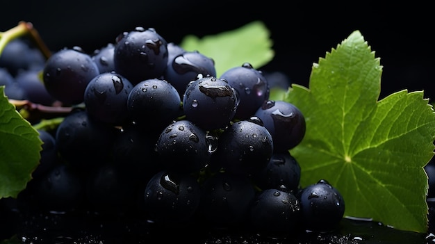 zoom en la rama de menta uvas jugosas mojadas