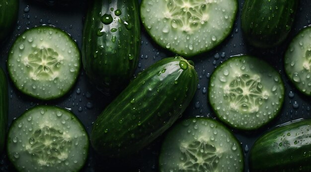 Zoom de rodajas de pepino con gotas de agua sobre ellas