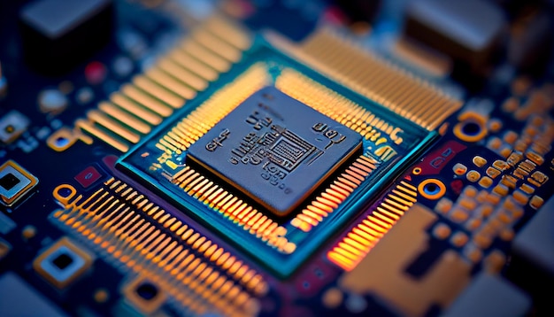 Zoom de superficie de microchip en computadora de tecnología macro Generative Ai