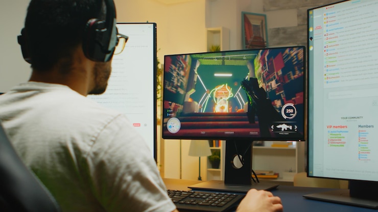 Foto zoom en la toma de un jugador caucásico jugando un juego de disparos en una competencia en vivo, hablando y transmitiendo al mismo tiempo