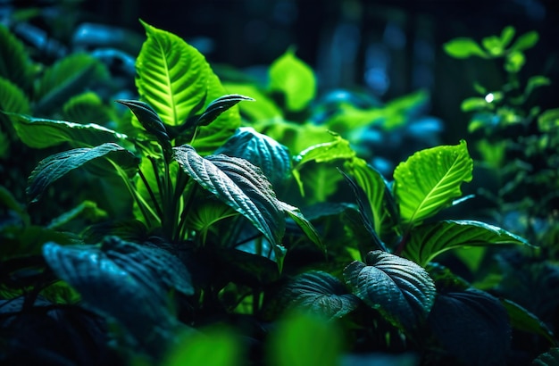 Zoomed auf die Flora in einem düsteren Waldgebiet und enthüllt die komplexe Welt des Unterholzes, das in der geheimnisvollen Dunkelheit gedeiht