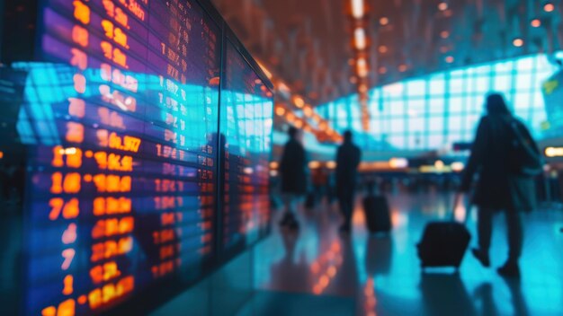 Zoomed-Bild einer Wechselkurstafel an einem internationalen Flughafen, an der Reisende mit Gepäck vorbeikommen