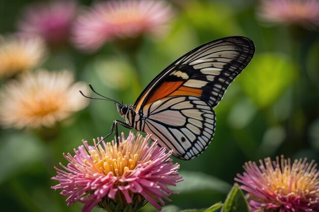 Zoomen Sie auf die Flügel eines Schmetterlings, wenn er auf einer lebendigen Blume landet