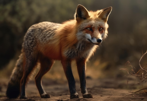 Un zorro con un abrigo de piel rojo se encuentra en un bosque.