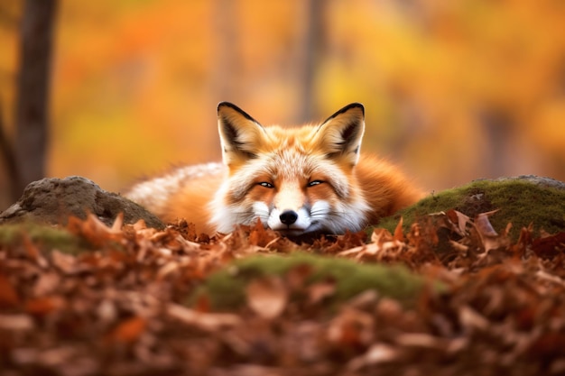 Foto un zorro está acostado en el bosque