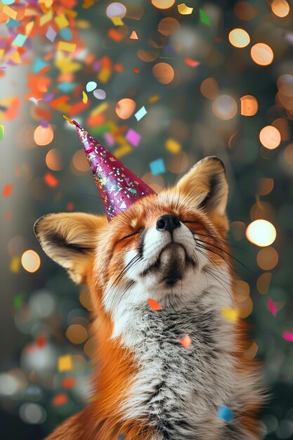 Foto un zorro alegre con un vibrante sombrero de fiesta celebrando en una fiesta de año nuevo o cumpleaños de lujo rodeado de luces bokeh brillantes y confeti de papel de colores