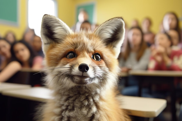 un zorro antropomórfico sentado en un aula escuchando atentamente al maestro