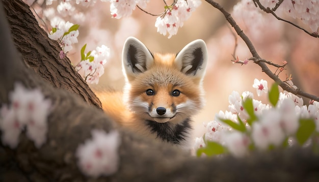 Zorro en un árbol con flores.