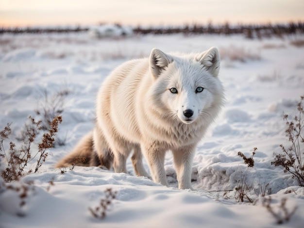 Zorro ártico blanco en la tundra invernal