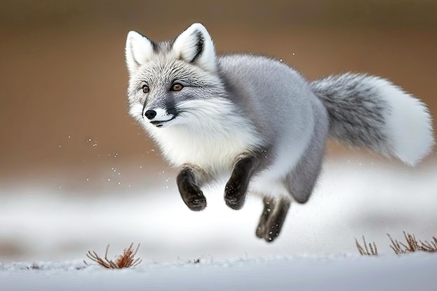 Zorro ártico gris con orejas largas saltando sobre campo cubierto de nieve