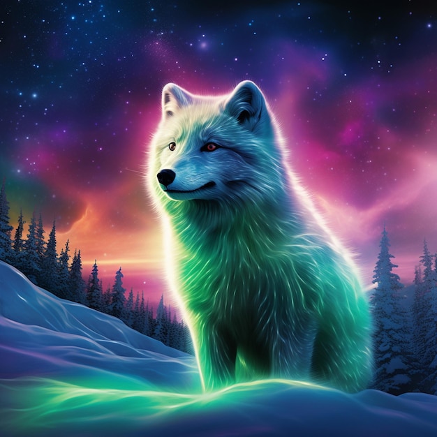 El zorro ártico bajo las luces del norte, un pintoresco paisaje de invierno