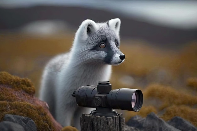 Zorro ártico tímido observa su entorno a través de binoculares