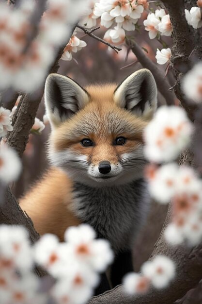 Un zorro bebé en un árbol floreciente en primavera Ai