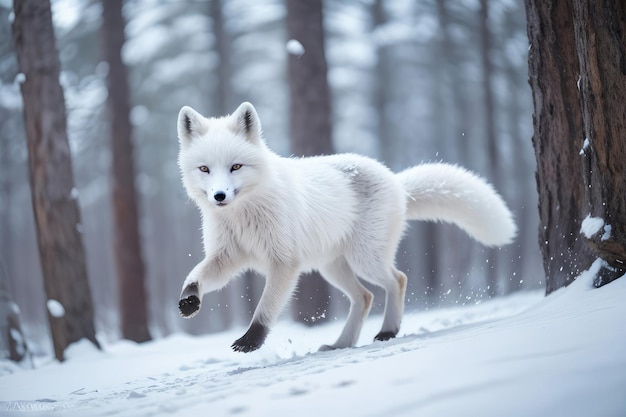 Un zorro blanco corre por la nieve en invierno.