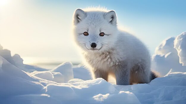 Un zorro blanco está de pie en la nieve