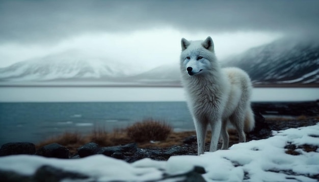 Un zorro blanco se para en la nieve frente a un lago.