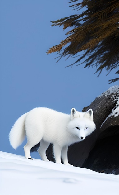 Foto un zorro blanco está de pie en una colina nevada