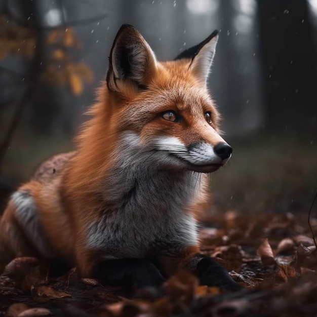 Un zorro en el bosque con hojas en el suelo.