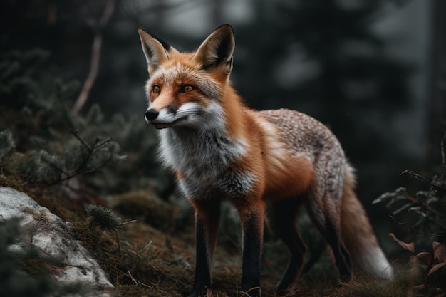 Un zorro en un bosque con un ojo verde.