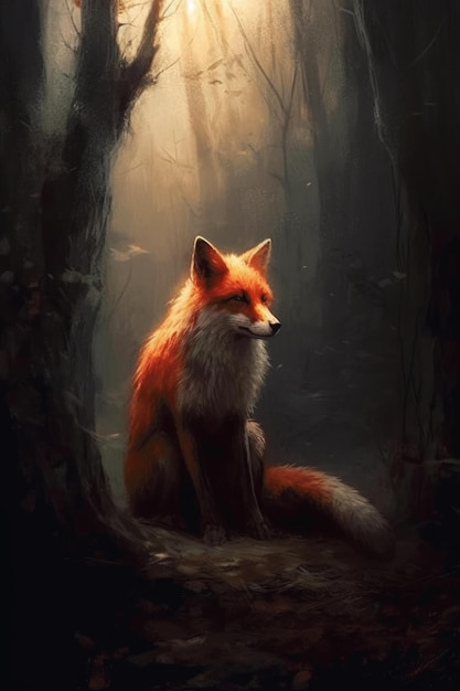 Un zorro en un bosque con el sol brillando sobre él.