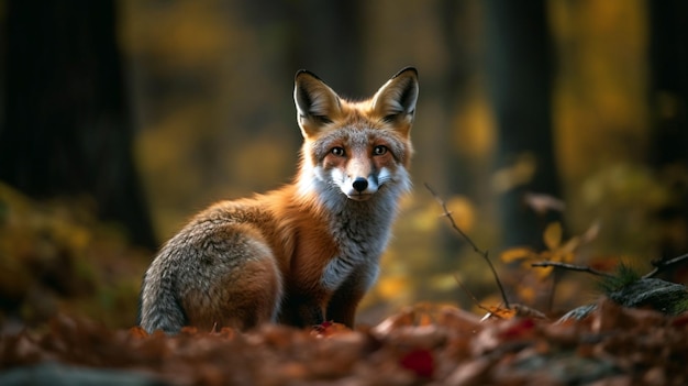 Zorro cauteloso se detuvo en el borde del bosque en hojas de otoño