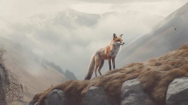 Un zorro se para en la cima de una montaña.