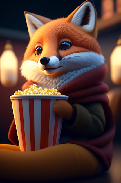 Un zorro comiendo palomitas de maíz en un cine.