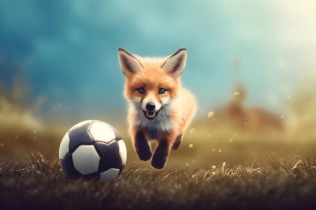 Un zorro corre con una pelota de fútbol en un campo.