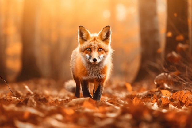 un zorro corriendo por un bosque con hojas