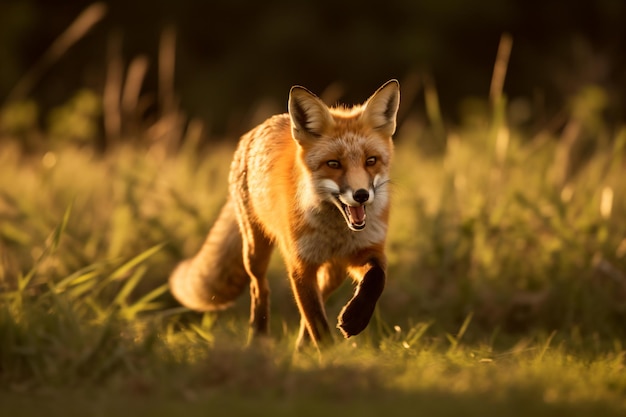 un zorro corriendo por un campo de hierba