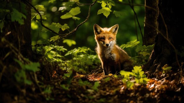 Un zorro curioso en un denso bosque