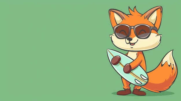 Un zorro de dibujos animados con gafas de sol y una tabla de surf El zorro está sonriendo y parece feliz El fondo es un color sólido