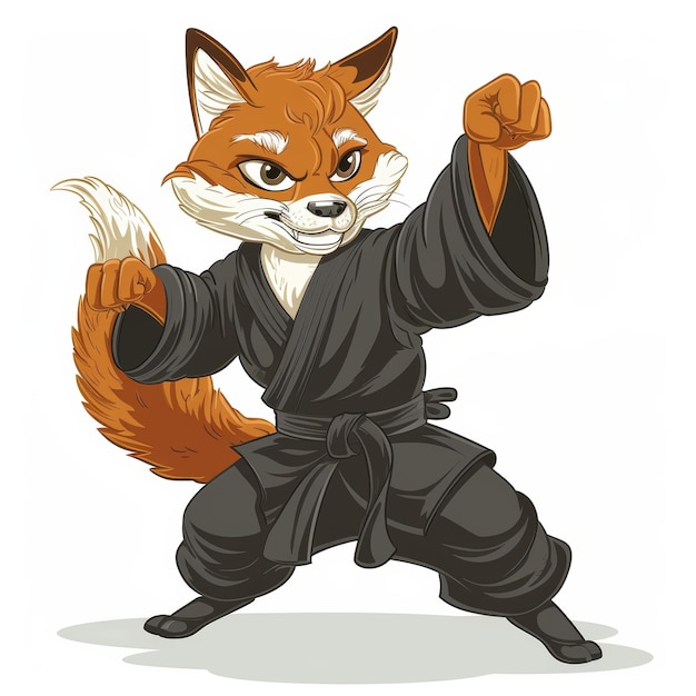 Un zorro de dibujos animados con un gi de karate negro con un cinturón negro de pie en una postura de lucha