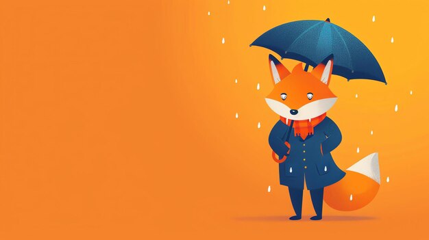 Un zorro de dibujos animados con un impermeable y sosteniendo un paraguas El zorro está de pie en la lluvia El fondo es un color sólido