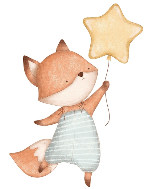 Zorro de dibujos animados en jumper sostiene un globo estrella xAIdeal para productos infantiles y arte infantil