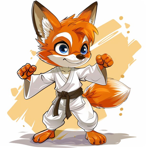 Un zorro de dibujos animados con un uniforme blanco de karate con un cinturón negro de pie en una postura de lucha